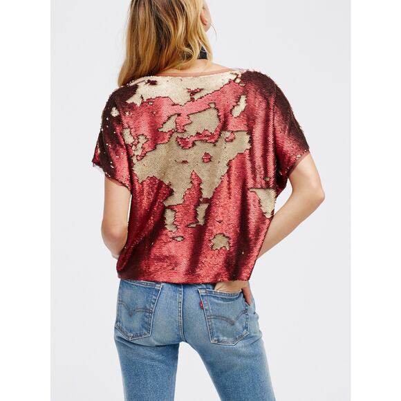 New Free People We The Free Glitz It Tee $168 Size Small Top Sequins Red - Picture 3 of 5